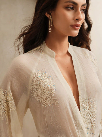Anewsta Women's Embroidered Beaded V-Neck Long Sleeve Blouse