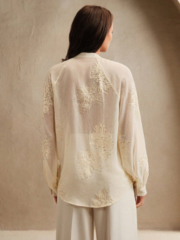 Anewsta Women's Embroidered Beaded V-Neck Long Sleeve Blouse