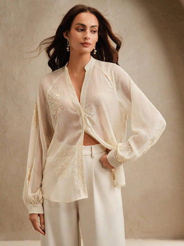 Anewsta Women's Embroidered Beaded V-Neck Long Sleeve Blouse