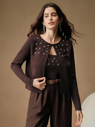 Women's Rhinestone Decor Long Sleeve Casual Jacket And Cropped Camisole