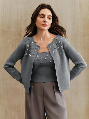 Women's Rhinestone Decor Long Sleeve Casual Jacket And Cropped Camisole