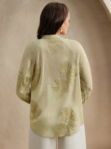 Anewsta Women's Embroidered Beaded V-Neck Long Sleeve Blouse
