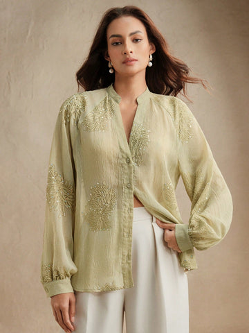Anewsta Women's Embroidered Beaded V-Neck Long Sleeve Blouse