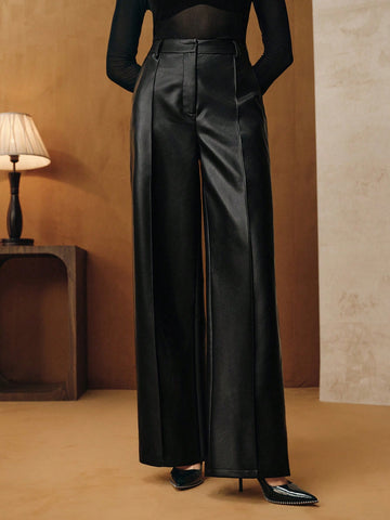 Anewsta Women's Loose Fashion New High-Quality Soft Leather Wide-Leg Pants