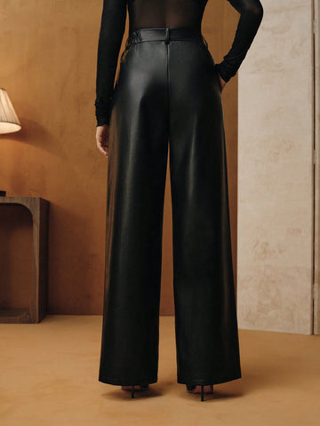 Anewsta Women's Loose Fashion New High-Quality Soft Leather Wide-Leg Pants