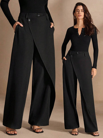 Women's New Stylish Asymmetrical Hem High Waist Straight Leg Casual Trousers