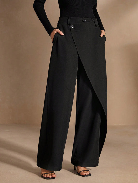 Solid Color Asymmetrical Drape Straight Leg Office Pants
