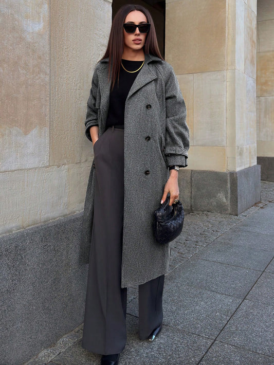 Anewsta Women's Notched Collar Double Breasted Overcoat