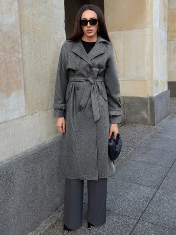 Anewsta Women's Notched Collar Double Breasted Overcoat