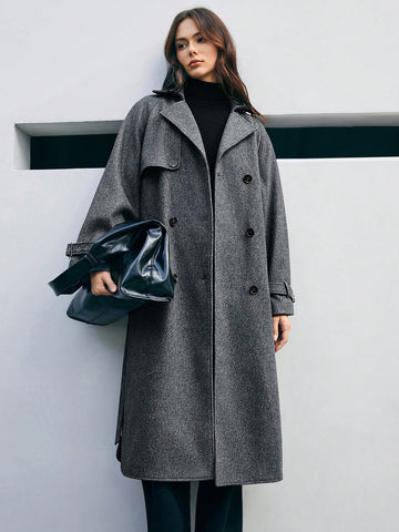 Anewsta Women's Notched Collar Double Breasted Overcoat