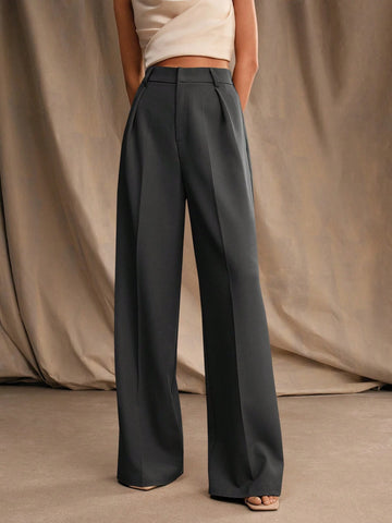 Anewsta Casual Straight High Waist Solid Color Trousers