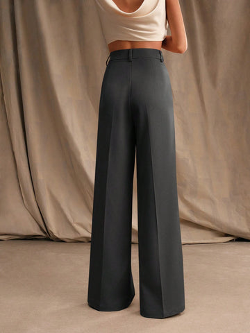 Anewsta Casual Straight High Waist Solid Color Trousers
