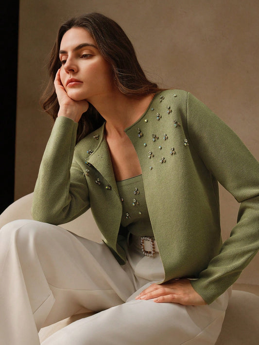 Women's Rhinestone Decor Long Sleeve Casual Jacket And Cropped Camisole