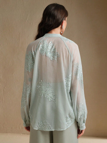 Anewsta Women's Embroidered Beaded V-Neck Long Sleeve Blouse