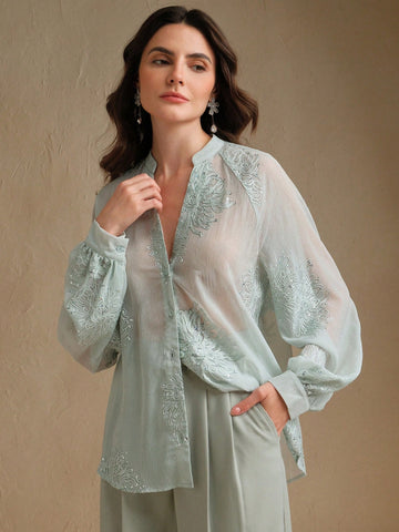Anewsta Women's Embroidered Beaded V-Neck Long Sleeve Blouse