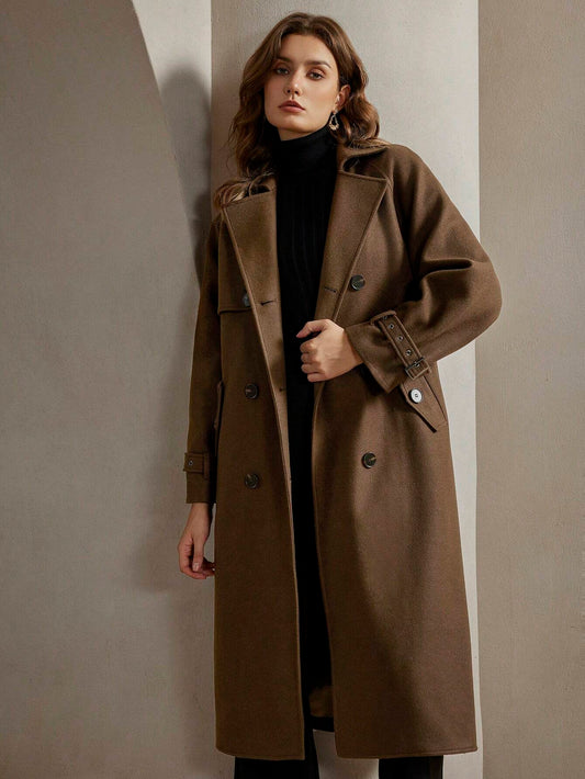 Anewsta Women's Notched Collar Double Breasted Overcoat