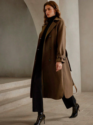 Anewsta Women's Notched Collar Double Breasted Overcoat