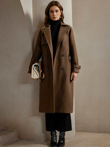 Anewsta Women's Notched Collar Double Breasted Overcoat