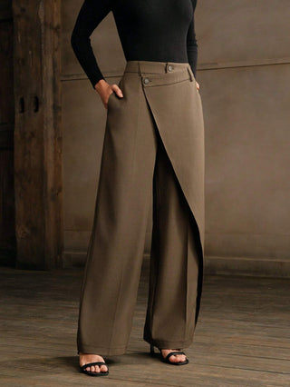 Solid Color Asymmetrical Drape Straight Leg Office Pants