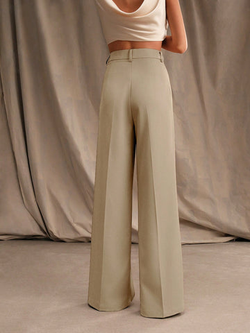 Anewsta Casual Straight High Waist Solid Color Trousers