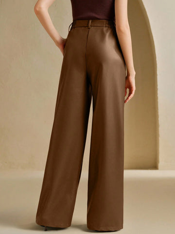 Anewsta Women's Loose Fashion New High-Quality Soft Leather Wide-Leg Pants