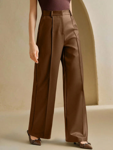 Anewsta Women's Loose Fashion New High-Quality Soft Leather Wide-Leg Pants
