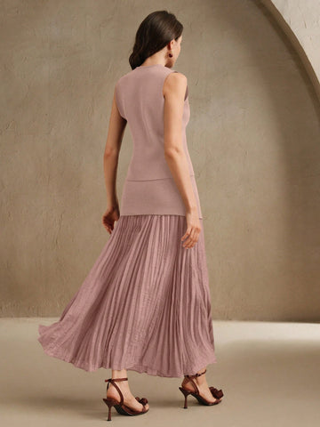 Anewsta Women's Solid Color Single Breasted Knit Vest & Long Pleated Knit Midi Skirt Set