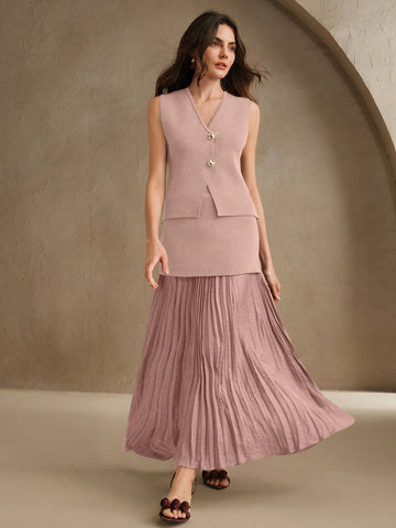 Anewsta Women's Solid Color Single Breasted Knit Vest & Long Pleated Knit Midi Skirt Set