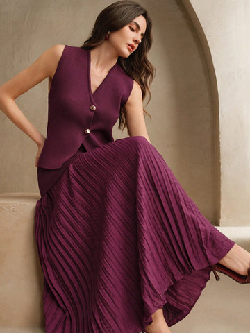 Anewsta Women's Solid Color Single Breasted Knit Vest & Long Pleated Knit Midi Skirt Set