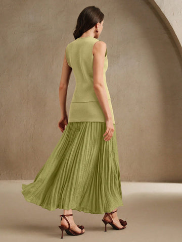 Anewsta Women's Solid Color Single Breasted Knit Vest & Long Pleated Knit Midi Skirt Set