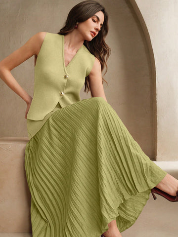 Anewsta Women's Solid Color Single Breasted Knit Vest & Long Pleated Knit Midi Skirt Set
