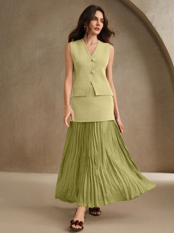 Anewsta Women's Solid Color Single Breasted Knit Vest & Long Pleated Knit Midi Skirt Set
