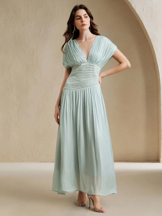 Women's V-Neck Short Sleeve Beaded Chain Pleated Waist Elegant Long Dress