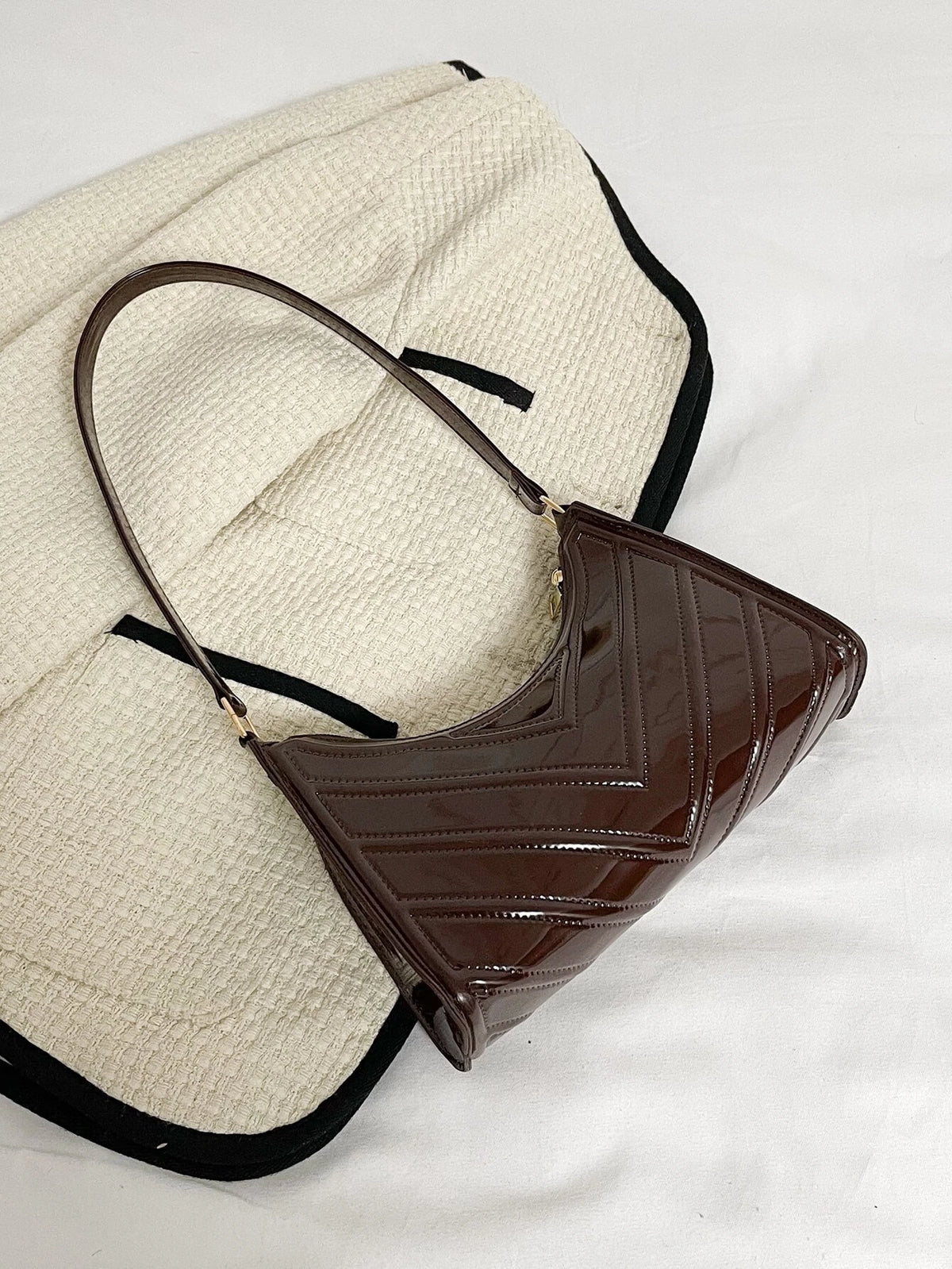 Artificial Patent Leather Chevron Baguette Bag