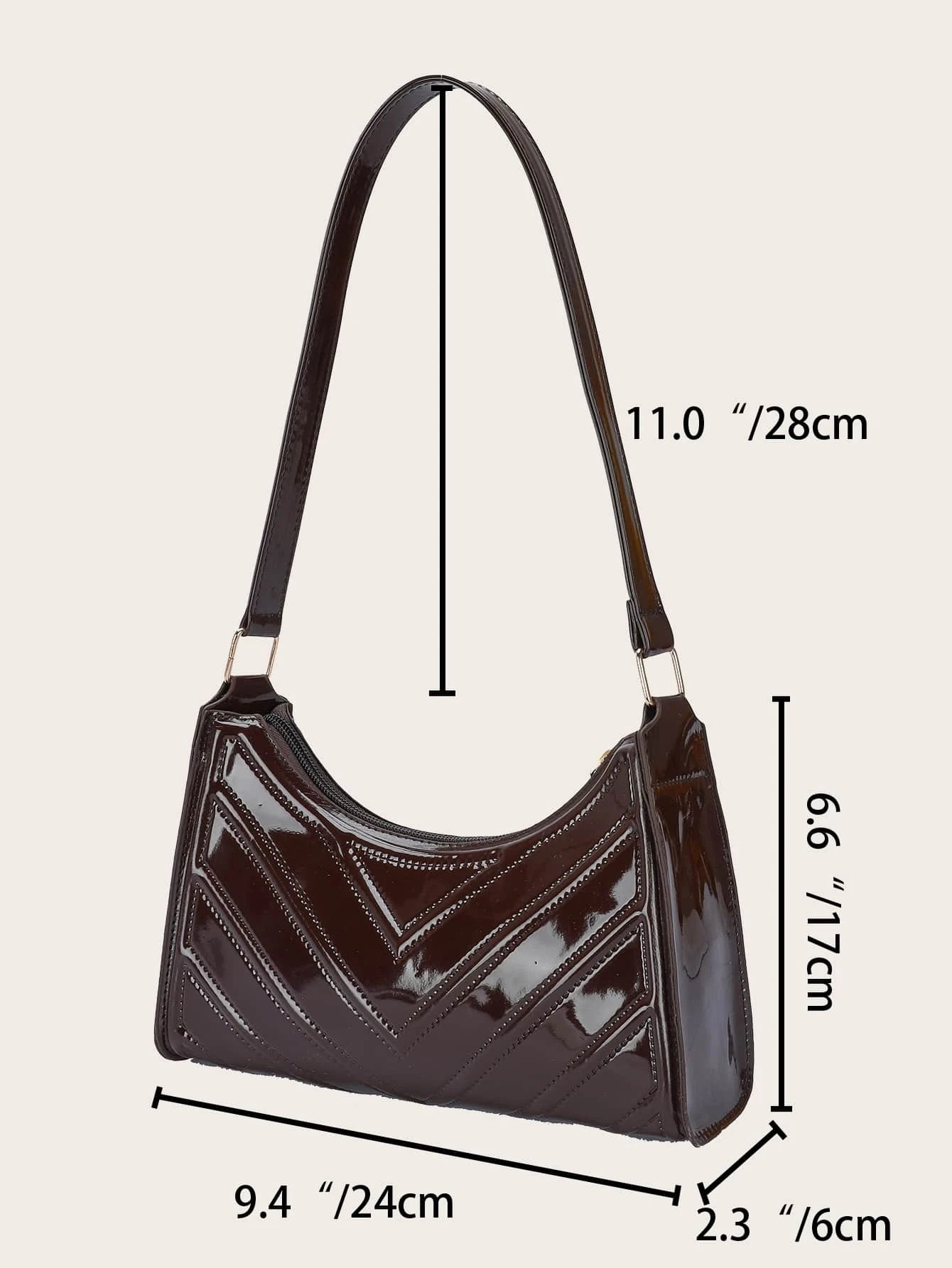 Artificial Patent Leather Chevron Baguette Bag