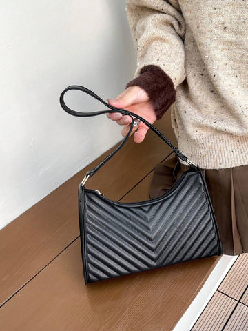 Artificial Patent Leather Chevron Baguette Bag