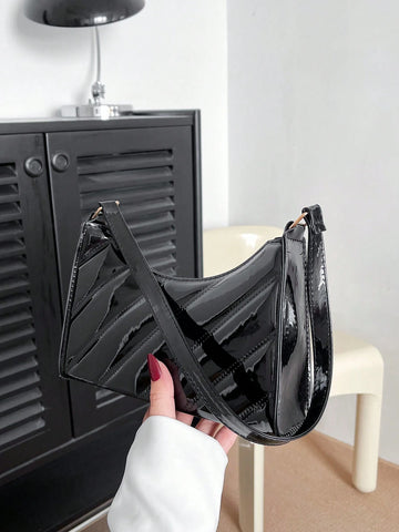 Artificial Patent Leather Chevron Baguette Bag