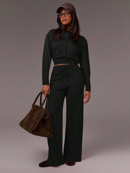 Women's Casual Solid Color Cropped Cardigan And Knit Pants 2 Pieces Set