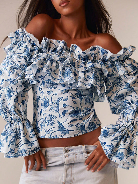 Athîral Women's Paisley Print Bardot Off Shoulder Ruffle Shirt Blouse