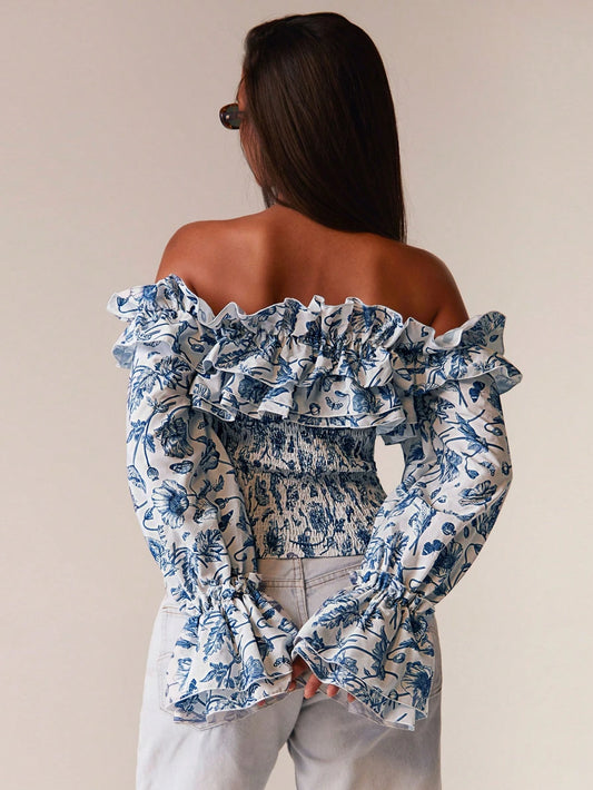 Athîral Women's Paisley Print Bardot Off Shoulder Ruffle Shirt Blouse
