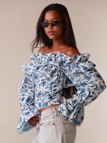 Athîral Women's Paisley Print Bardot Off Shoulder Ruffle Shirt Blouse