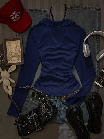 Women's Casual Fashion Knight Print Lapel Long Sleeve T-Shirt