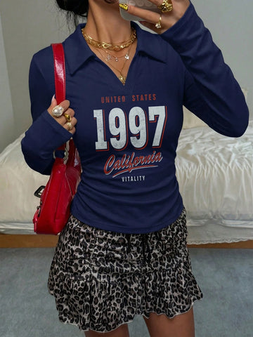 Women's Casual Fashion Knight Print Lapel Long Sleeve T-Shirt