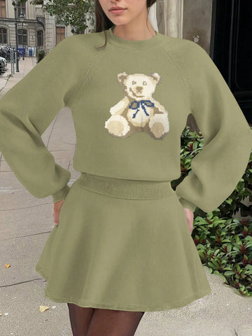 Women's New Casual Elegant Bear Pattern Knitted Pullover Sweater And Ribbed Knit Skirt