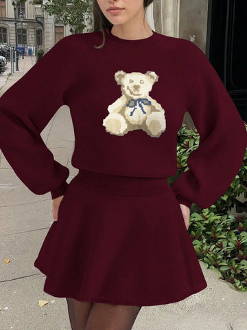 Women's New Casual Elegant Bear Pattern Knitted Pullover Sweater And Ribbed Knit Skirt
