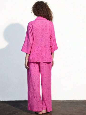 French Elegant Hollow Embroidery, Lapel Button Casual Design Loose Shirt, Elastic Waist Straight Leg Embroidered Pant