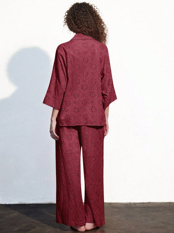 French Elegant Hollow Embroidery, Lapel Button Casual Design Loose Shirt, Elastic Waist Straight Leg Embroidered Pant