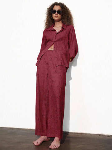 French Elegant Hollow Embroidery, Lapel Button Casual Design Loose Shirt, Elastic Waist Straight Leg Embroidered Pant