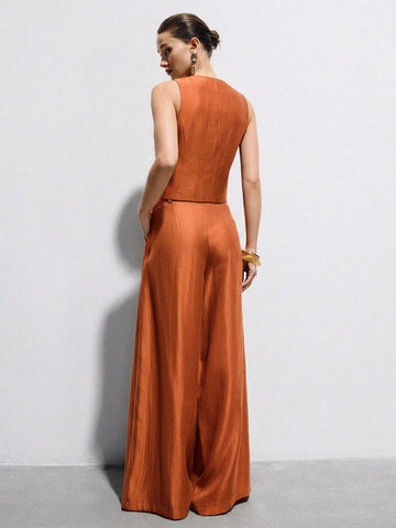 Elegant Brunch Satin Sleeveless Fitted Vest & High-Waisted Wide-Leg Pants