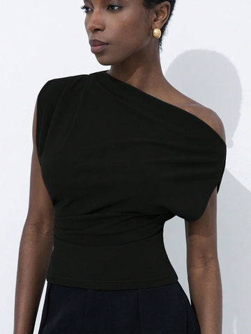 Asymmetrical Neck Design Ruched Gathered Cuff Fitted Women Shirt Top